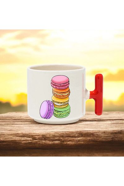 BB TRADE Macaron Red t Handle Ceramic Printed Mug 250 ml