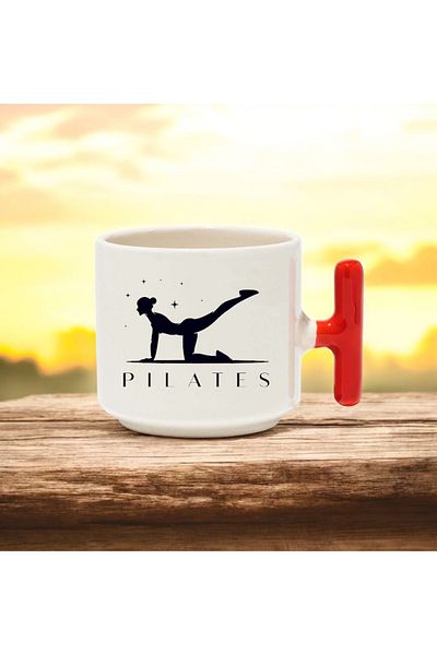 BB TRADE Pilates Designed Red T-Handled Ceramic Printed Mug 250 ml