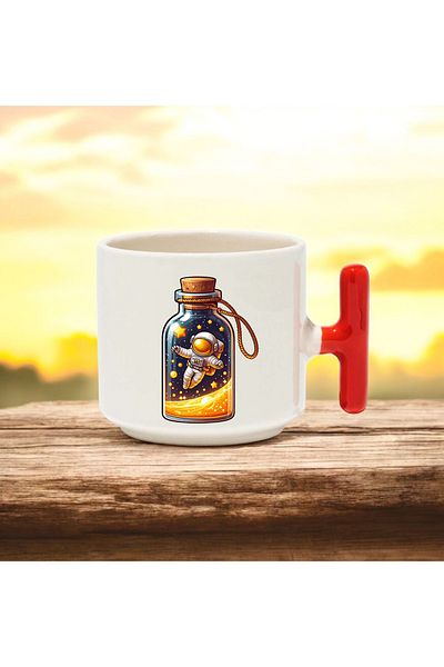 BB TRADE Astronaut Designed Red T-Handle Ceramic Printed Mug 250 ml