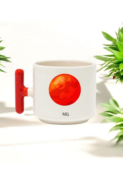 BB TRADE Mars Designed Red T-Handle Ceramic Printed Mug 250 ml
