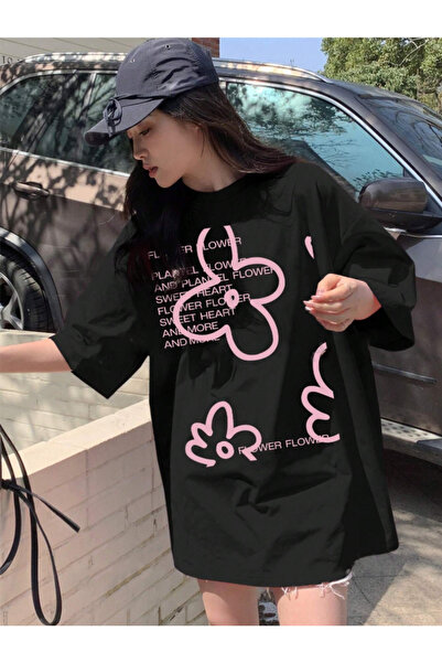 COHERENT Tricou oversize din bumbac cu imprimeu personalizat FLOWER pentru bă...