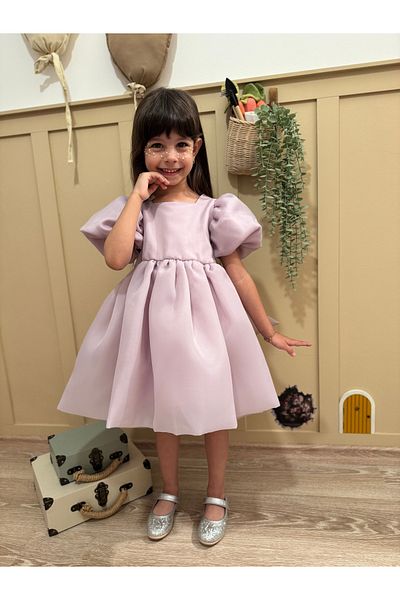 penu baby kids Lilac Square Collar Balloon Sleeves Carolin Fabric Bow Detailed Lined Girl's Baby Girl Dress