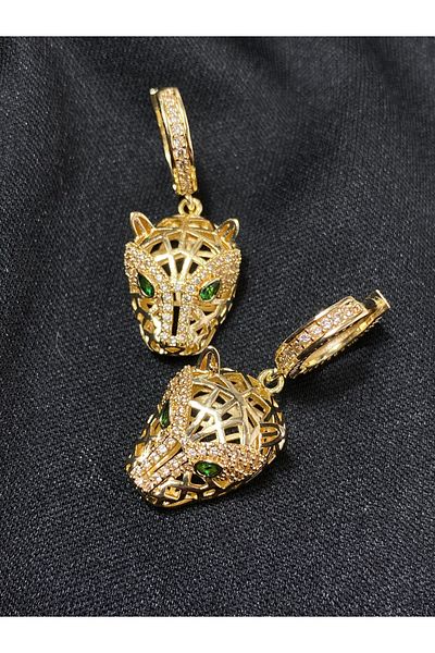Passionis Jewelry Wolf Head Zircon Stone Gold Earrings