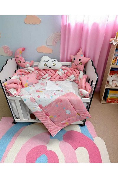 JULYA KİDS Baby Crib Set Double Mesh Edge Protection 7 Piece Baby Crib Sleeping Set 60*120 cm