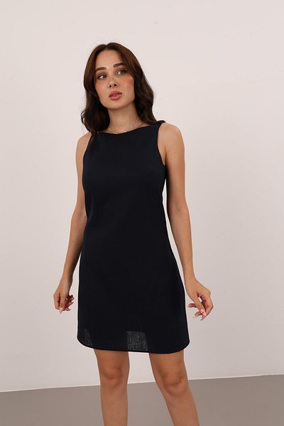 FACETTE Women's Navy Blue Strap Mini Linen Dress