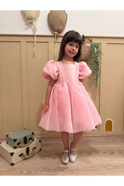 penu baby kids Ροζ τετράγωνο γιακά μπαλόνι μανίκι Carolin υφασμάτινο φιόγκο με λεπτομέρεια φόδρα για κορίτσια κοριτσίστικο φόρεμα