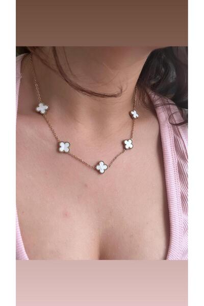 soleah Çelik Kolye 5 Yoncalı (Gold-Beyaz Taşlı) Çelik Kolye