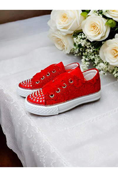 pediashoes KIZ ÇOCUK KIRMIZ RENK TAŞLI BAĞCIKLI ŞIK AYAKKABI
