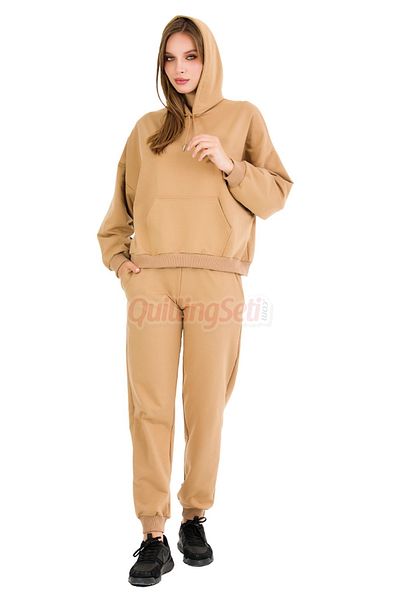 quilling Long Sleeve 22062 Women's Sports Tracksuit Set with Hood and Kangaroo Pocket Mustard Yellow Color