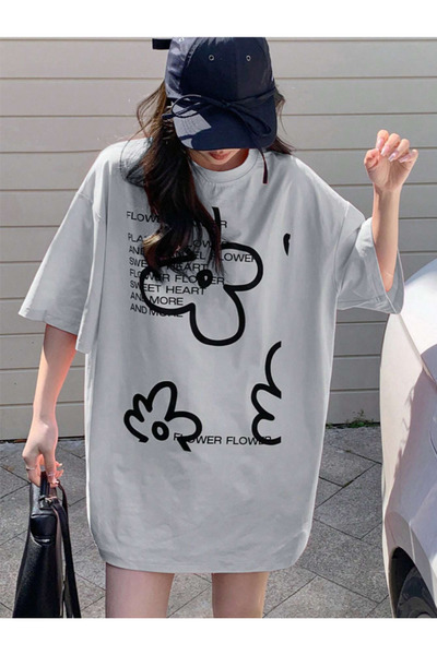 COHERENT Tricou oversize din bumbac cu imprimeu personalizat FLOWER pentru bă...