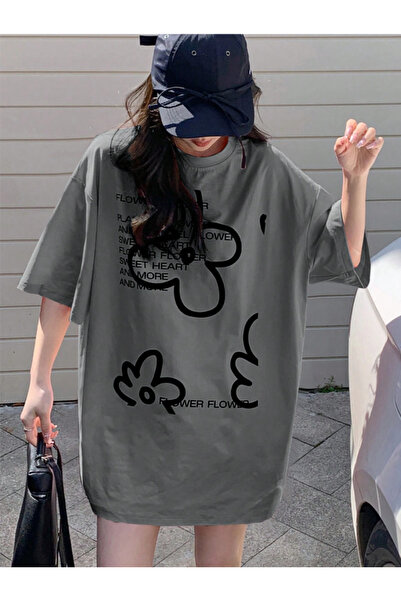 COHERENT Tricou oversize din bumbac cu imprimeu personalizat FLOWER pentru bă...