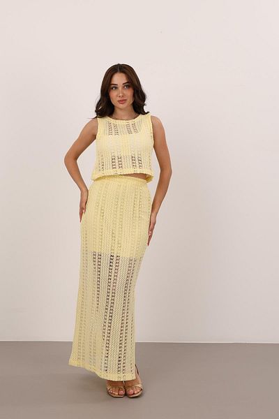 FACETTE Women's Yellow Knitted Sweater Skirt Blouse Set