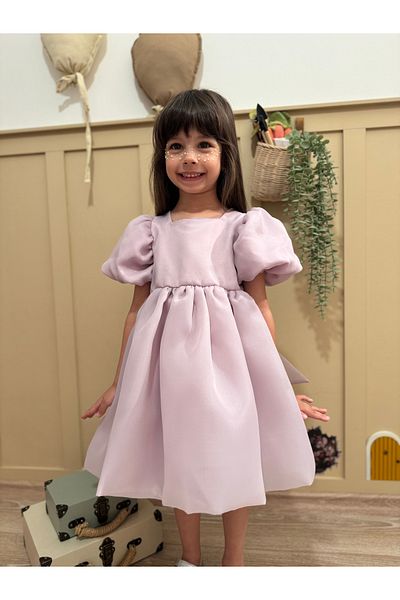 penu baby kids Lilac Square Collar Balloon Sleeves Carolin Fabric Bow Detailed Lined Girl's Baby Girl Dress