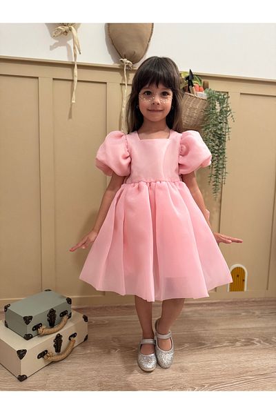 penu baby kids Ροζ τετράγωνο γιακά μπαλόνι μανίκι Carolin υφασμάτινο φιόγκο με λεπτομέρεια φόδρα για κορίτσια κοριτσίστικο φόρεμα