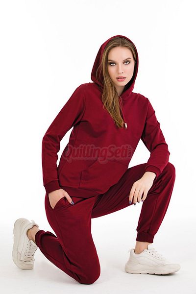 quilling Long Sleeve 22064 Hooded and Kangaroo Pocket Burgundy Color Women's Sports Tracksuit Set