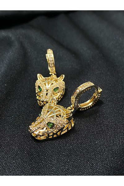Passionis Jewelry Wolf Head Zircon Stone Gold Earrings