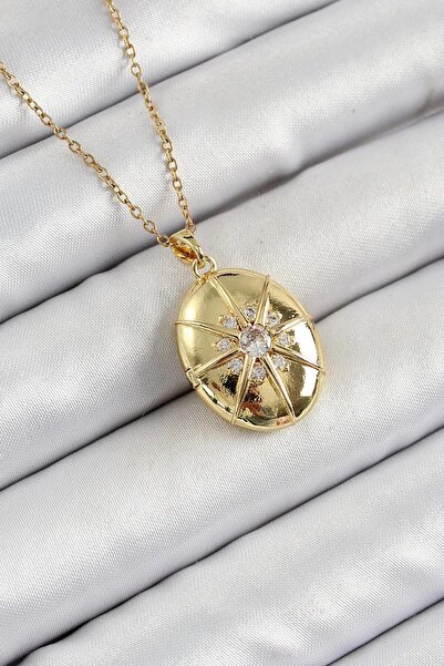 Ebijuteri 316L Çelik Zincir Açılabilir Madalyon Model Zirkon Taşlı Gold Renk ...