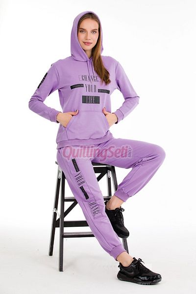 quilling Long Sleeve 22068 Hooded and Kangaroo Pocket Lilac Color Women's Sports Tracksuit Set
