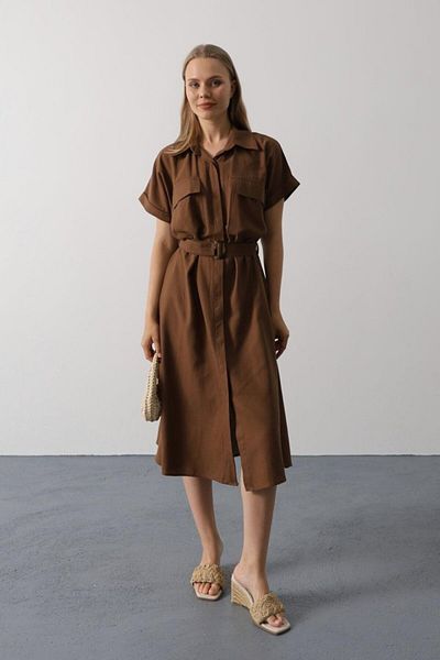 MRA Fashion Belted Pocket Detailed Half Sleeve Dress - Brown