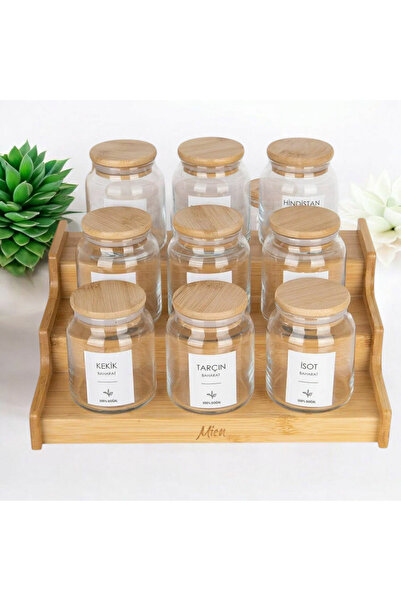 ELF HOME CONCEPT 3 Katlı Bambu Standlı 9’lu Ahşap Vakum Kapaklı Etiketli Cam ...