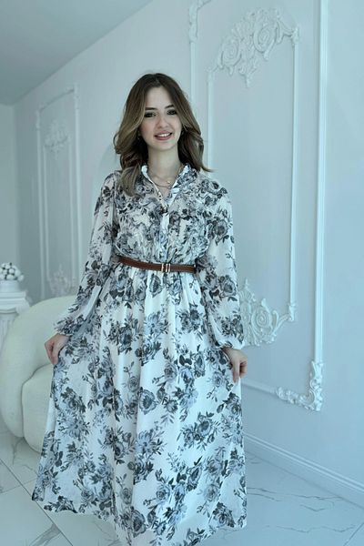 HELİS BUTİK Black Floral Belted Chiffon Dress