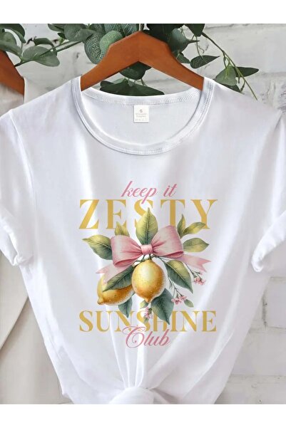 DUBU BUTİK Λευκό βαμβακερό μπλουζάκι Zesty Sunshine Printed - Oversize Cyclin...