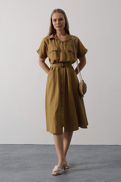MRA Fashion Belted Pocket Detailed Half Sleeve Dress - Oil Green