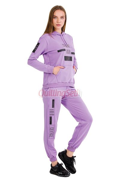 quilling Long Sleeve 22068 Hooded and Kangaroo Pocket Lilac Color Women's Sports Tracksuit Set