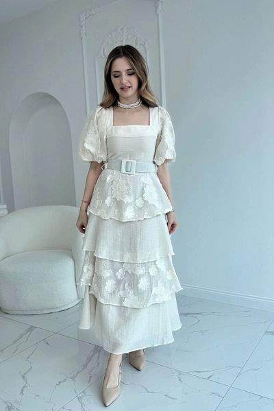 HELİS BUTİK Balloon Sleeve Layered Square Neck Princess Beige Dress