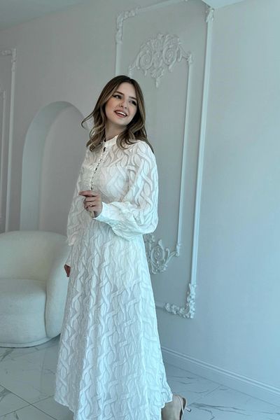 HELİS BUTİK Jacquard Belt Detailed Full Length Ecru Dress