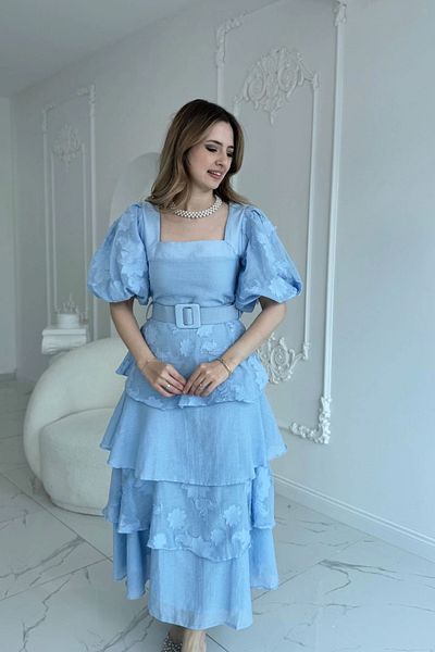 HELİS BUTİK Balloon Sleeve Layered Square Neck Princess Blue Dress