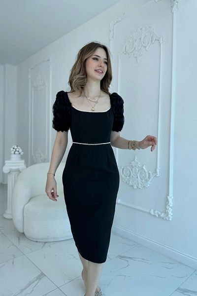 HELİS BUTİK Black Midi Length Dress with Sleeve Detail