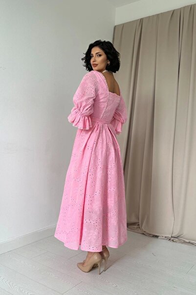 HELİS BUTİK Beige Sleeve Elastic Brode Princess Dress