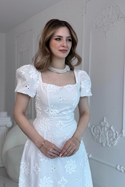 HELİS BUTİK Φόρεμα Ecru Fishtail με τετράγωνο γιακά