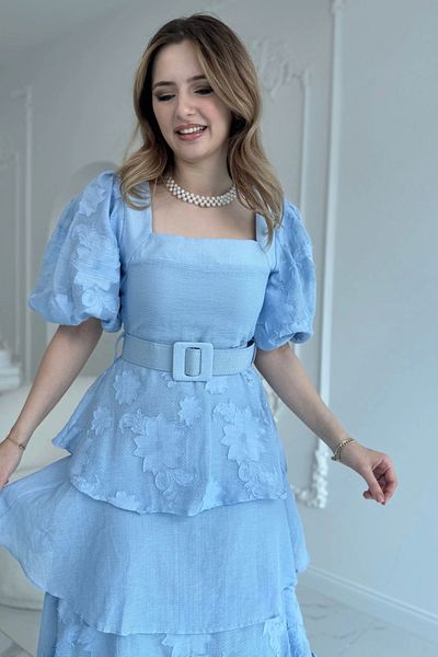 HELİS BUTİK Balloon Sleeve Layered Square Neck Princess Blue Dress