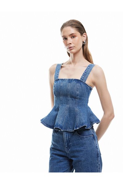 Koton New Season Koton X Sima Tarkan - Thick Strap Pleated Square Neck Slim Fit Flared Denim