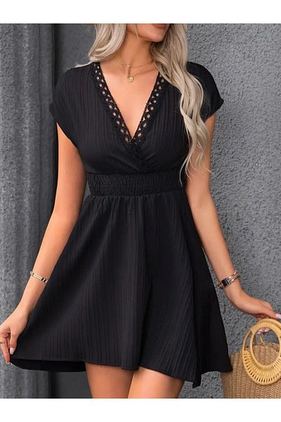 Viyamo Women's Short Sleeve Double Breasted Collar Elastic Waist Wrinkle Dress