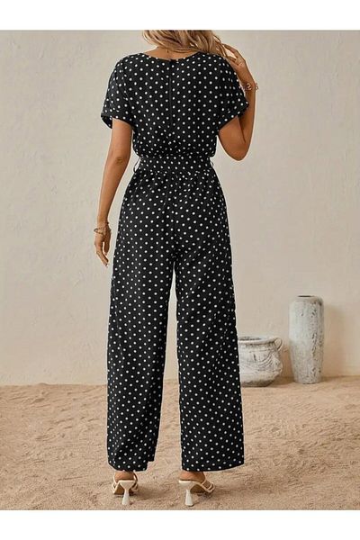 Kokosh moda Women's Short Sleeve Boat Neck Waist Belted Knitted Crepe Jumpsuit