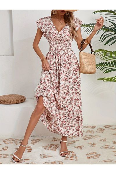 MODAVERA Women Short Sleeve Double Breasted Lapel Elastic Waist Floral Print Dress