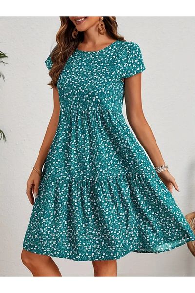 JANES Rochie de damă cu mânecă scurtă, cu decolteu, cu imprimeu floral