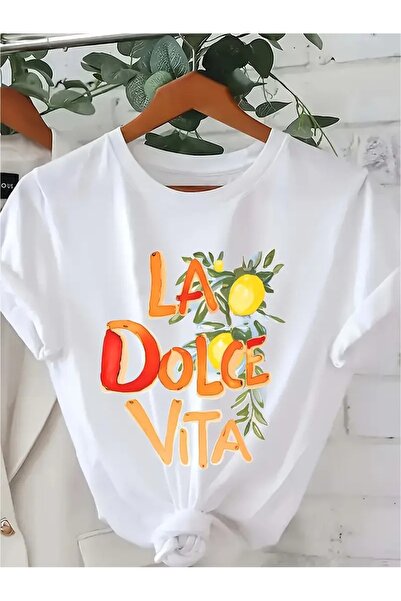 DUBU BUTİK Tricou din bumbac alb cu imprimeu La Dolce Vita - Tricou oversize ...