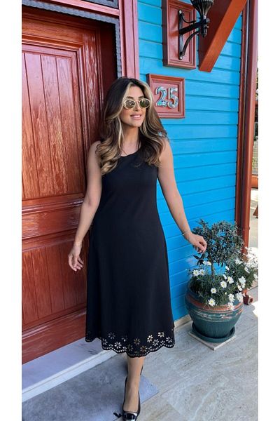 Gökyüzü Moda Women's Sleeveless Skirt Tip Laser Cut Floral Pattern Midi Length Janjan Crepe Dress