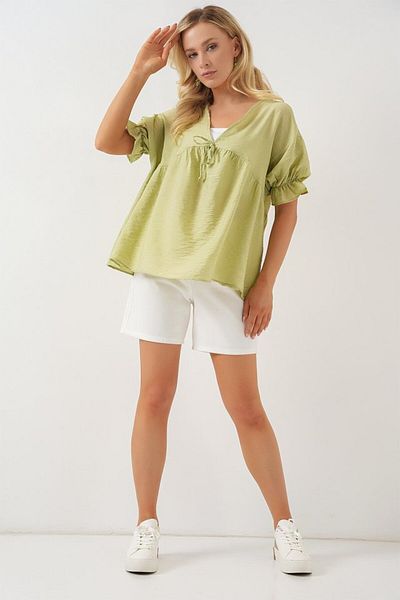 MRA Fashion Front Lace-Up Short Sleeve Blouse 962 - E.Green