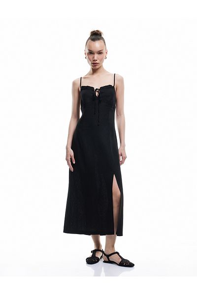 Koton New Season Ruffled Slit Detailed Volume Slim Fit Linen Viscose Blend