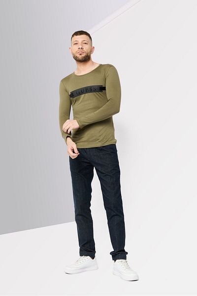 Guess Men Crew Neck Long Sleeves Brand Logo T-Shirt, Olive
