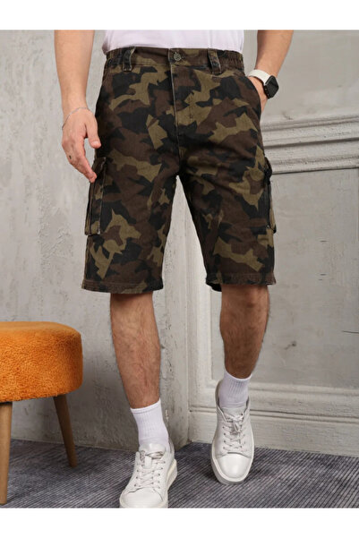 MSRT Kemerli Haki Kamuflaj Kargo Cep Diz Altı Kapri Erkek Pantolon