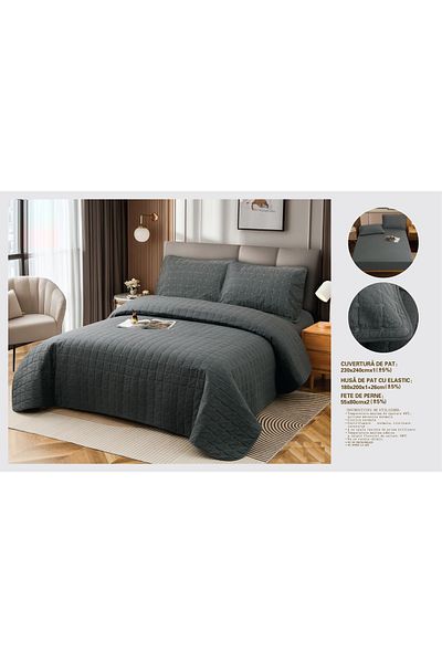 CHIRASO CHIRASO 4-piece Duvet Set, with Elastic Bed Cover, Cotton with Linen, UNI, dark gray