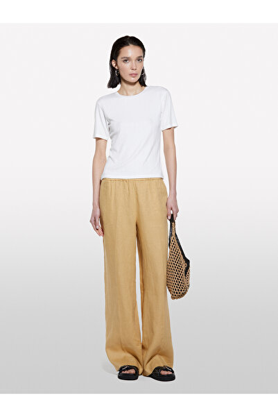 Sisley Women's Paper Bag 100% Linen Elastic Waist Front Pleated Wide Leg Trousers