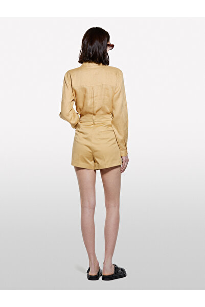 Sisley Women's Paper Bag 100% Linen Buttoned Long Sleeve Shirt with Chest Pocket