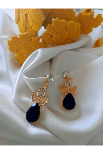 Pervin Ablacım Gold Dangle Showy Earrings with Black Drop Stones